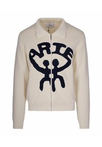 Cardigan con zip color crema, con colletto a coste, dotato di una grande grafica blu navy che rappresenta due figure e la parola "Arte" ben in evidenza.