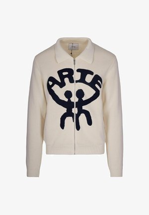 Cardigan con zip color crema, con colletto a coste, dotato di una grande grafica blu navy che rappresenta due figure e la parola "Arte" ben in evidenza.