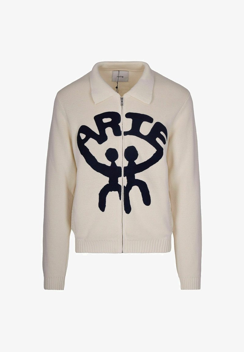 Cardigan con zip color crema, con colletto a coste, dotato di una grande grafica blu navy che rappresenta due figure e la parola "Arte" ben in evidenza.