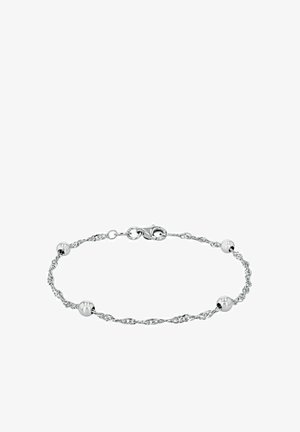 Silver twisted bracelet featuring three smooth spherical accents, secure lobster clasp, and a delicate chain design.