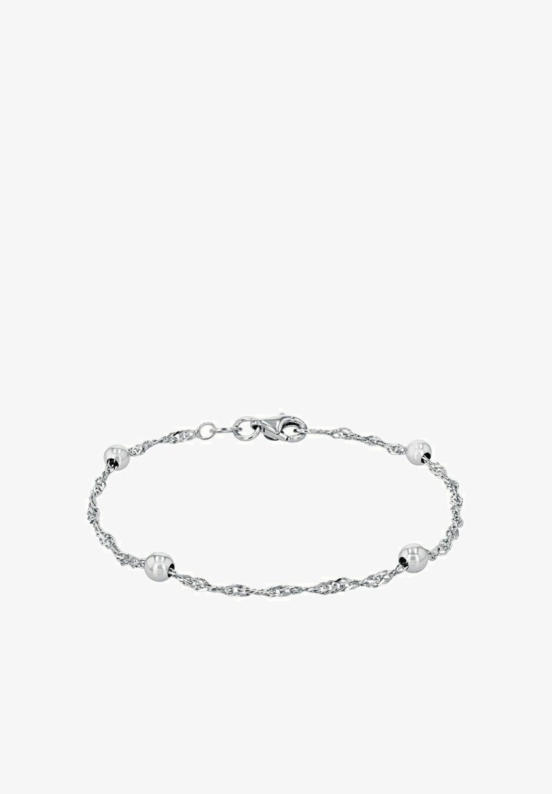 Pulsera de plata trenzada con tres acentos esféricos lisos, cierre de langosta seguro y un diseño de cadena delicada.