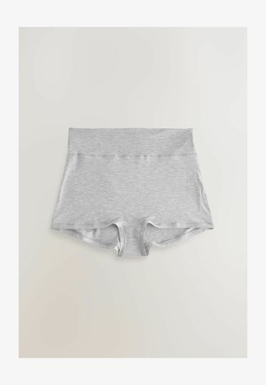 Gray cotton shorts with a wide, soft waistband and smooth texture, featuring a mid-rise cut and rounded leg openings.