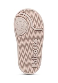 Suola di scarpa in gomma di un rosa chiaro, con un motivo a zig-zag, bordo arrotondato e logo "Falcotto" in rilievo con la taglia "19".