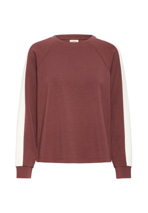 Sweat-shirt bordeaux à manches longues, bandes blanches sur les manches, col rond, ourlet droit, présenté sur fond blanc uni.