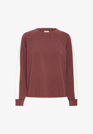 Sweat-shirt bordeaux à manches longues, bandes blanches sur les manches, col rond, ourlet droit, présenté sur fond blanc uni.