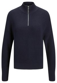 Merinovillainen tummansininen neulepaita, jossa on korkea kaulus ja etuvetoketju. Tässä paidassa on tekstuuripinta ja pitkät hihat, joissa on resorireunat ja -helma.