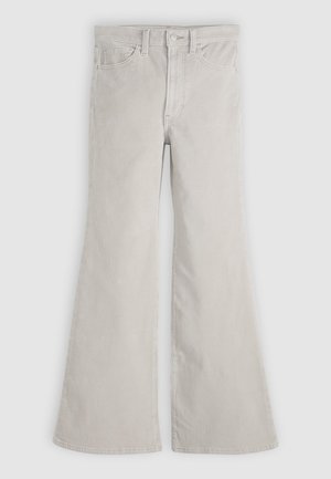 Light gray flared jeans made of soft cotton denim, featuring a button fly, five-pocket design, and subtle fading for texture.