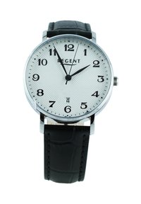 Montre ronde en argent avec un cadran texturé blanc, chiffres noirs, bracelet en cuir noir, affichant l'heure 1h55 et la date 4.