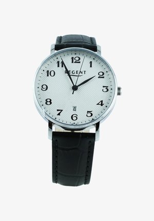 Montre ronde en argent avec un cadran texturé blanc, chiffres noirs, bracelet en cuir noir, affichant l'heure 1h55 et la date 4.