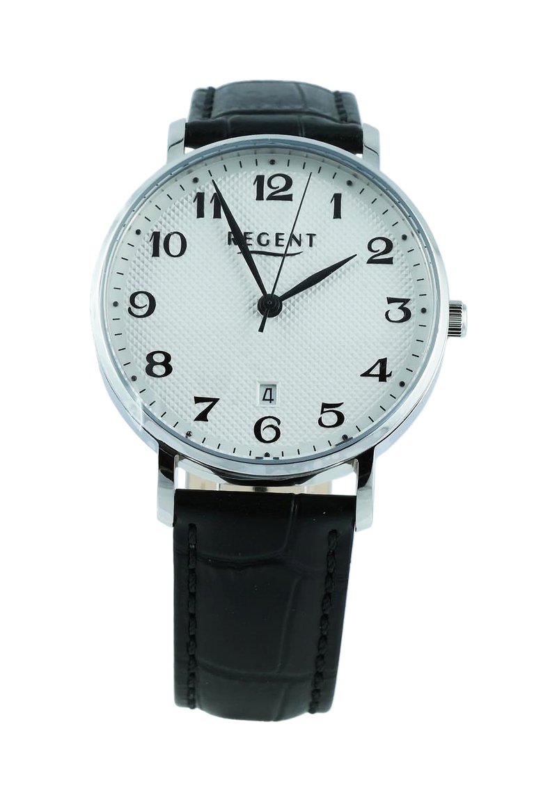 Montre ronde en argent avec un cadran texturé blanc, chiffres noirs, bracelet en cuir noir, affichant l'heure 1h55 et la date 4.