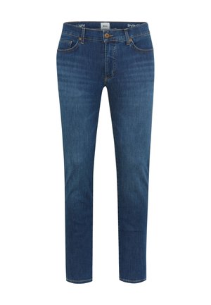 Blaue Slim-Fit-Jeans mit fünf Taschen, Knopfverschluss und dezentem Ausbleichen an Oberschenkeln und Knien, auf weißem Hintergrund präsentiert.