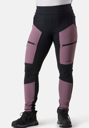 Zwarte en mauve sportbroek met een hoge tailleband, ritszakken en een getailleerd ontwerp. Gemaakt van rekbaar, gestructureerd materiaal.