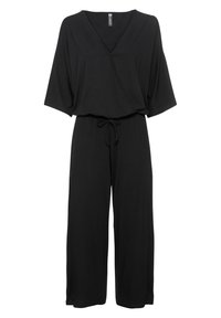 Salopette noire à manches courtes, design croisé et taille à cordon. Confectionnée dans un tissu doux, avec une coupe évasée et sans fermetures visibles.