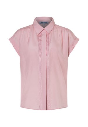 Hellrosa Kurzarmbluse mit klassischem Kragen und vertikaler plisseeartiger Verzierung vorne.