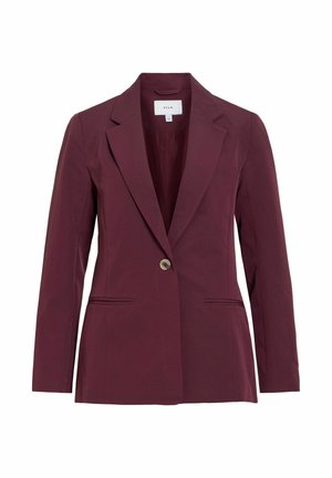 Blazer bordeaux à un bouton avec revers crantés, manches longues et deux poches passepoilées à l'avant.