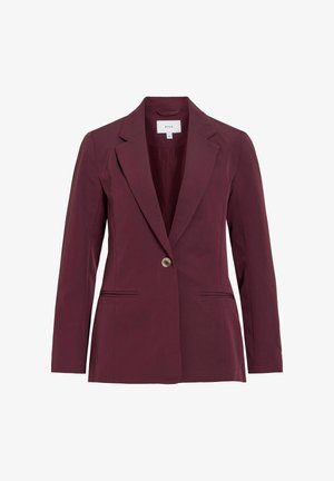 Blazer bordeaux à un bouton avec revers crantés, manches longues et deux poches passepoilées à l'avant.