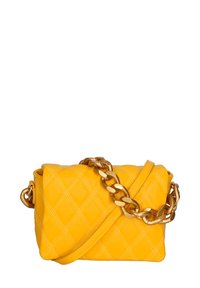 Yellow quilted leather handbag with gold chain strap; features a boxy shape, diagonal stitching pattern, and fold-over flap closure.