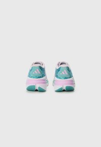 Adidas sneakers with a textured teal upper, pink accents, and a white midsole. Features a patterned design on the heel and rubber outsole.
