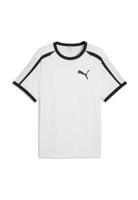 T-shirt de sport blanc avec des accents noirs. Présente un col rond et des manches courtes. Petit logo Puma noir sur le côté gauche de la poitrine.