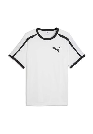 Wit sportshirt met zwarte accenten. Heeft een ronde halslijn en korte mouwen. Klein zwart Puma-logo op de linkerborst.
