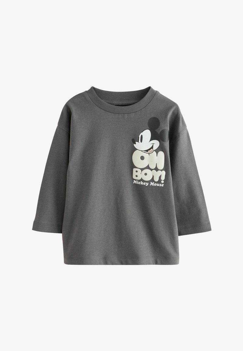 Dunkelgraues Baumwoll-T-Shirt mit einem großen gedruckten Mickey-Mouse-Graphic und dem Satz "OH BOY!" in Weiß und Gelb. Rundhalsausschnitt, lange Ärmel.