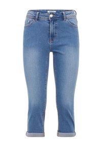 Vaqueros de denim azul con cintura alta, corte ajustado y puños doblados. Cuenta con cinco bolsillos y costuras contrastadas para un detalle adicional.