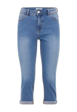 Blauwe jeans van denim met een hoge taille, slim fit en opgerolde pijpen. Beschikt over vijf zakken en contrasterende stiksels voor extra detail.
