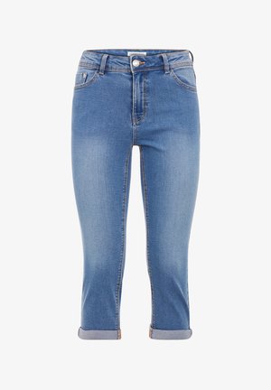 Blaue Jeans aus Denim mit hoher Taille, slim fit und umgeschlagenen Säumen. Verfügt über fünf Taschen und kontrastierende Nähte für zusätzliche Details.