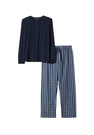 Navy blue long-sleeve henley top with three buttons paired with blue and white checkered drawstring pajama pants.