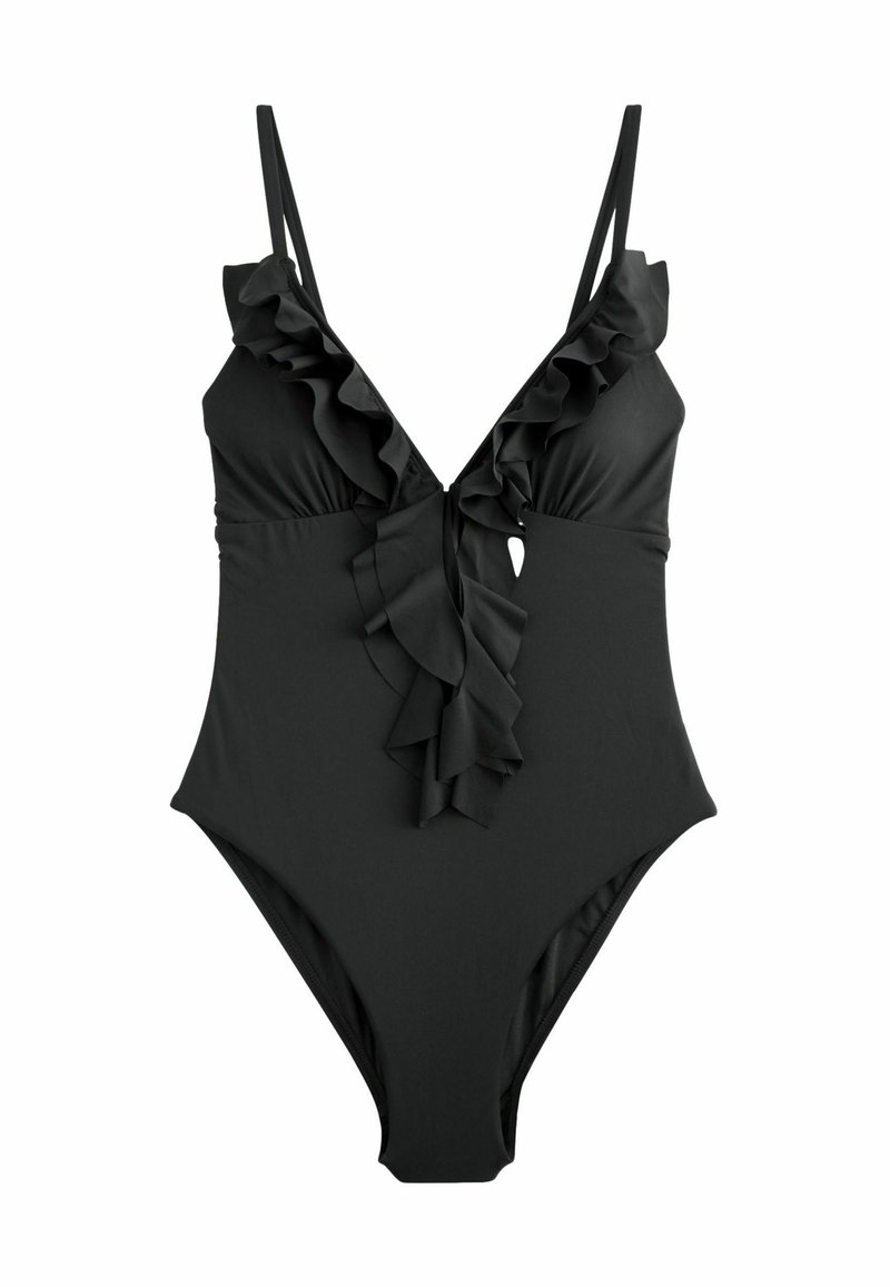 Black one-piece swimsuit with ruffled v-neckline, adjustable straps, and smooth texture. Fitted design with a classic silhouette.