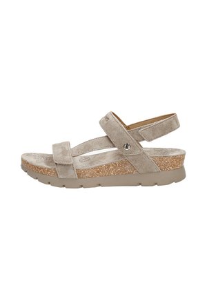 Sandalia de ante beige con correas ajustables, plantilla de corcho y suela de goma, vista lateral sobre fondo blanco.