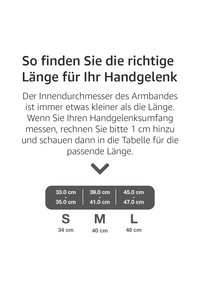Leitfaden zum Messen des Handgelenkumfangs. Enthält Größenbereiche in Zentimetern (S: 33-35, M: 39-41, L: 45-47) und einen Pfeil zur genauen Markierung unter dem Text.