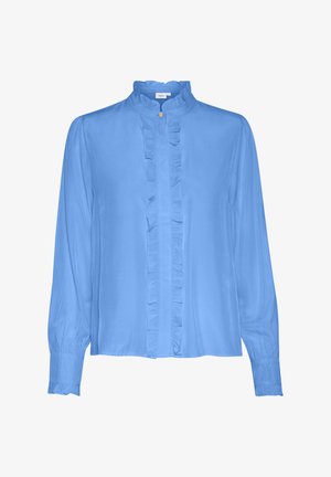 Svetlo modra bluza z dolgimi rokavi z nabranim sprednjim delom, visokim ovratnikom in gumbnim zapiranjem, izdelana iz gladkega materiala. Eleganten in preprost dizajn.