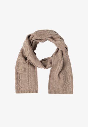 Cable-knit scarf in light beige, made of soft wool. Features textured patterns and ribbed ends, designed for warmth and comfort.