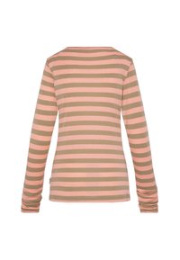 Long-sleeved, striped top featuring alternating pink and olive green stripes, ribbed texture, and a wide neckline with fitted cuffs.
