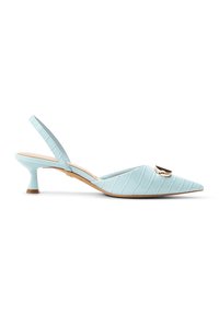 Scarpa con tacco a stiletto blu chiaro, con punta affusolata, superficie testurizzata e dettaglio in oro nella parte anteriore. Presenta un tacco kitten sottile.