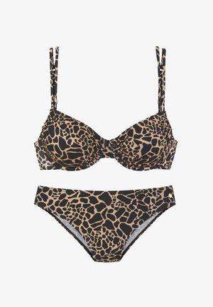 Bikini-set met een zwart en beige giraffeprint, verstelbare banden en ondervoerdondersteuning van een gladde, rekbare stof.