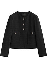 Svart texturerad jacka med rund halsringning, sex dekorativa knappar och två framfickor med knappdetaljer.