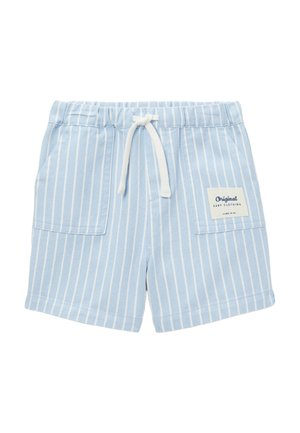 Shorts bébé bleu clair avec des rayures verticales blanches, taille élastique avec cordon blanc, poches et une étiquette portant la mention "Original Baby Clothing."