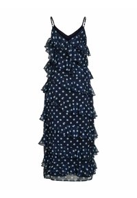Tumši zila kleita bez piedurknēm ar baltām polka punktiem, vairākkārtīgām volānu kārtām un plānām regulējamām plecu siksnām, midi garuma.