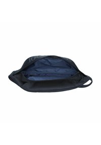Sac noir avec une surface lisse, une ouverture zippée et un intérieur bleu marine avec un compartiment spacieux pour le rangement.