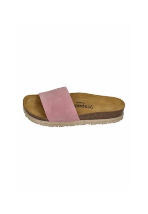 Casual slide sandal with pink suede strap, cork footbed, and beige textured sole, designed for comfort and easy wear.