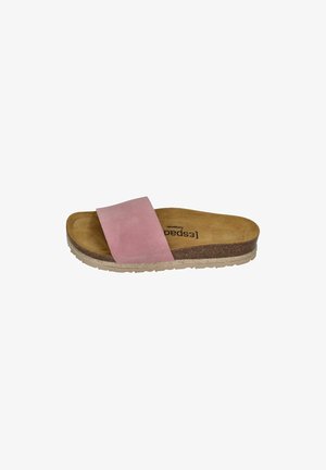 Casual slide sandal with pink suede strap, cork footbed, and beige textured sole, designed for comfort and easy wear.