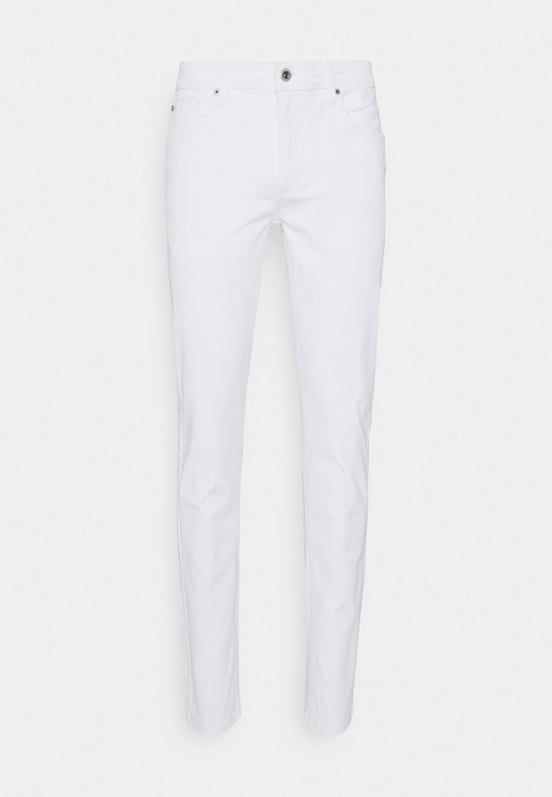 Pantalon blanc slim fit avec fermeture avant par bouton et zip, poches avant et arrière, présenté sur fond clair uni.