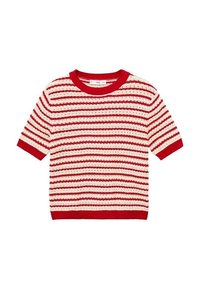 Rood-wit gestreepte trui met korte mouwen en een ronde hals, voorzien van een gestructureerd gebreid patroon en geribbelde accenten bij de manchetten en de zoom.