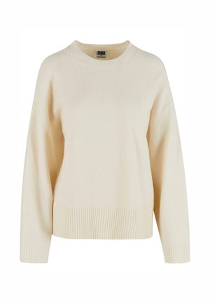 Ecrufarbener Pullover aus weichem Stoff, mit geripptem Saum und Bündchen, rundem Ausschnitt und lockerer Passform mit abfallenden Schultern.