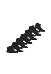Calze nere alla caviglia disposte in fila, caratterizzate da una texture liscia e da un design semplice e a taglio basso. Ogni calza presenta uno stile coerente.