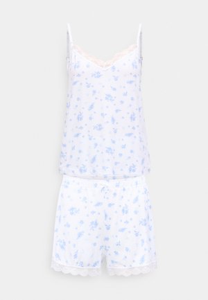 Biała, bezrękawnikowa piżama z niebieskim kwiatowym nadrukiem, koronkową lamówką na dekolcie i szortach oraz regulowanymi ramiączkami.