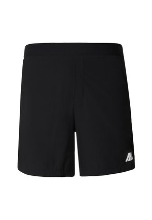 Sorte shorts med elastisk midjebånd, med en glatt tekstur og en liten hvit logo på nedre høyre side.