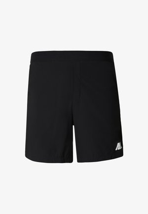 Sorte shorts med elastisk midjebånd, med en glatt tekstur og en liten hvit logo på nedre høyre side.